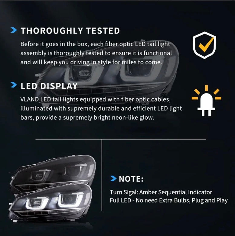 08-14 VW Golf Mk6 Vland Dual Beam Projector Aftermarket Headlights With Demon Eyes E-mark