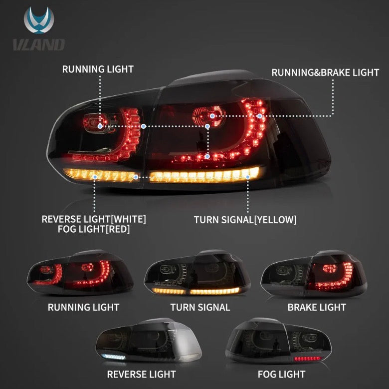 08-12 VW Golf Mk6 Vland LED Aftermarket Tail Lights With Amber Sequential Turn Signal [E-mark]