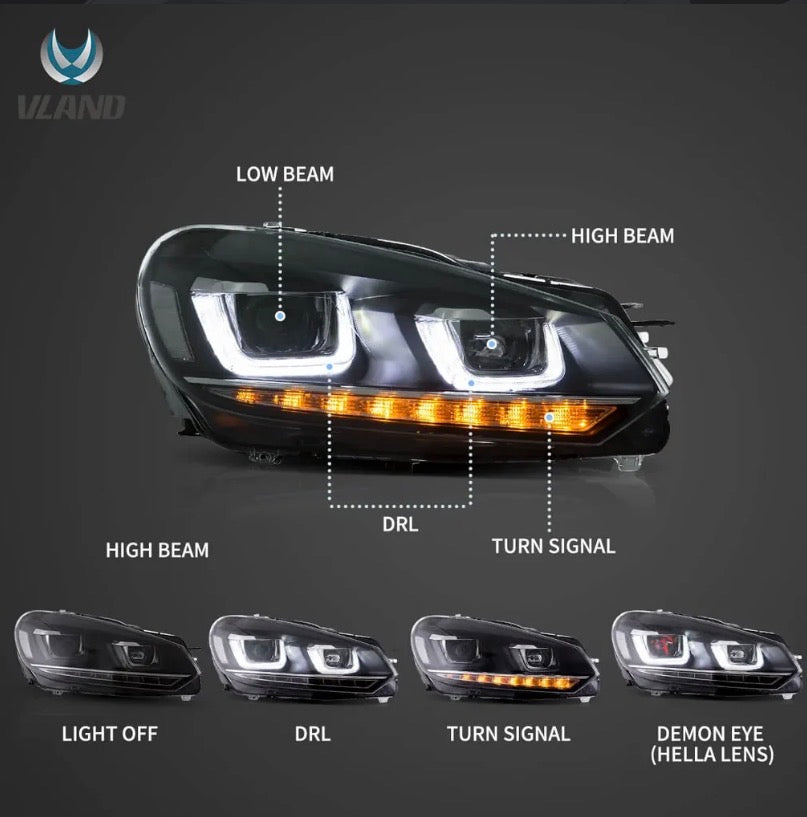 08-14 VW Golf Mk6 Vland Dual Beam Projector Aftermarket Headlights With Demon Eyes E-mark