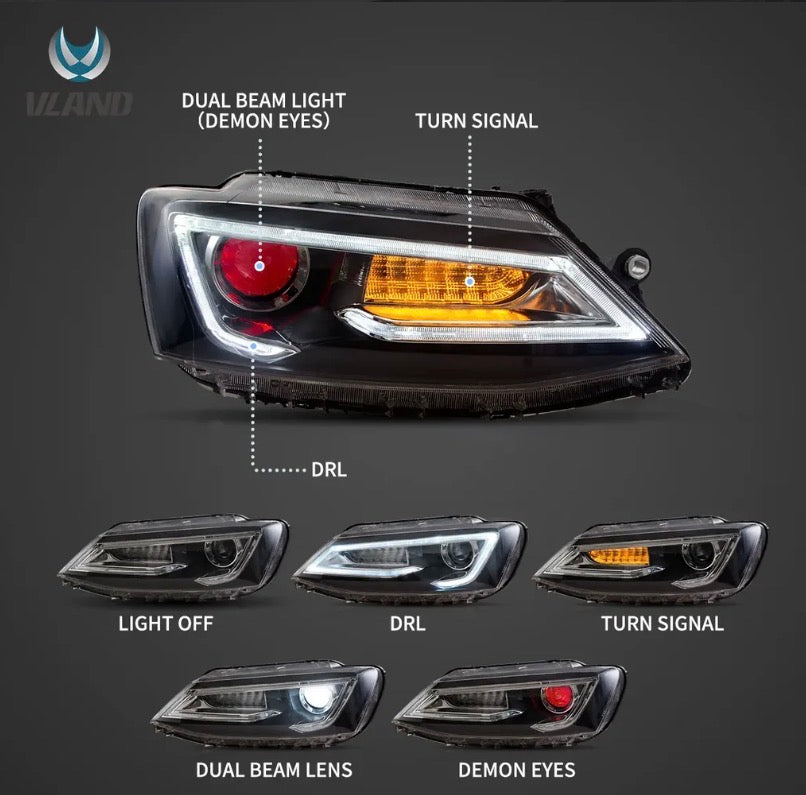 10-18 VW Jetta MK6 Vland Dual Beam Projector Aftermarket Headlights Black With Red Demon Eyes E-mark
